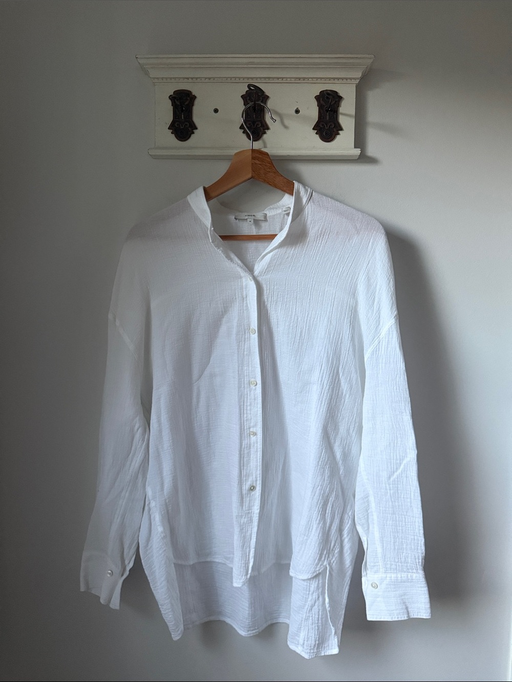 Vince White Gauze Long-Sleeve Band-Collar Button Down Shirt Cotton